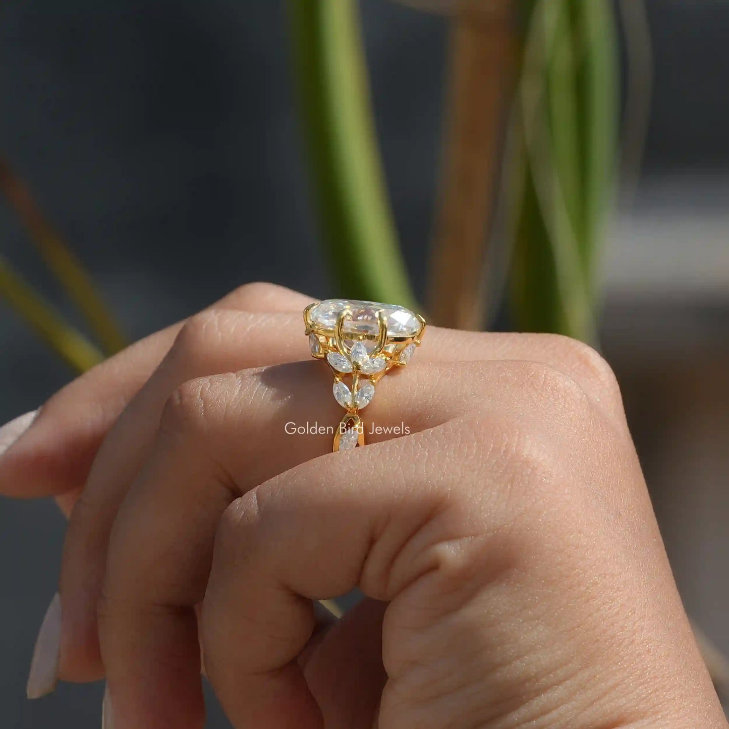 Side View of Crushed Ice Oval Cut Moissanite Ring In finger