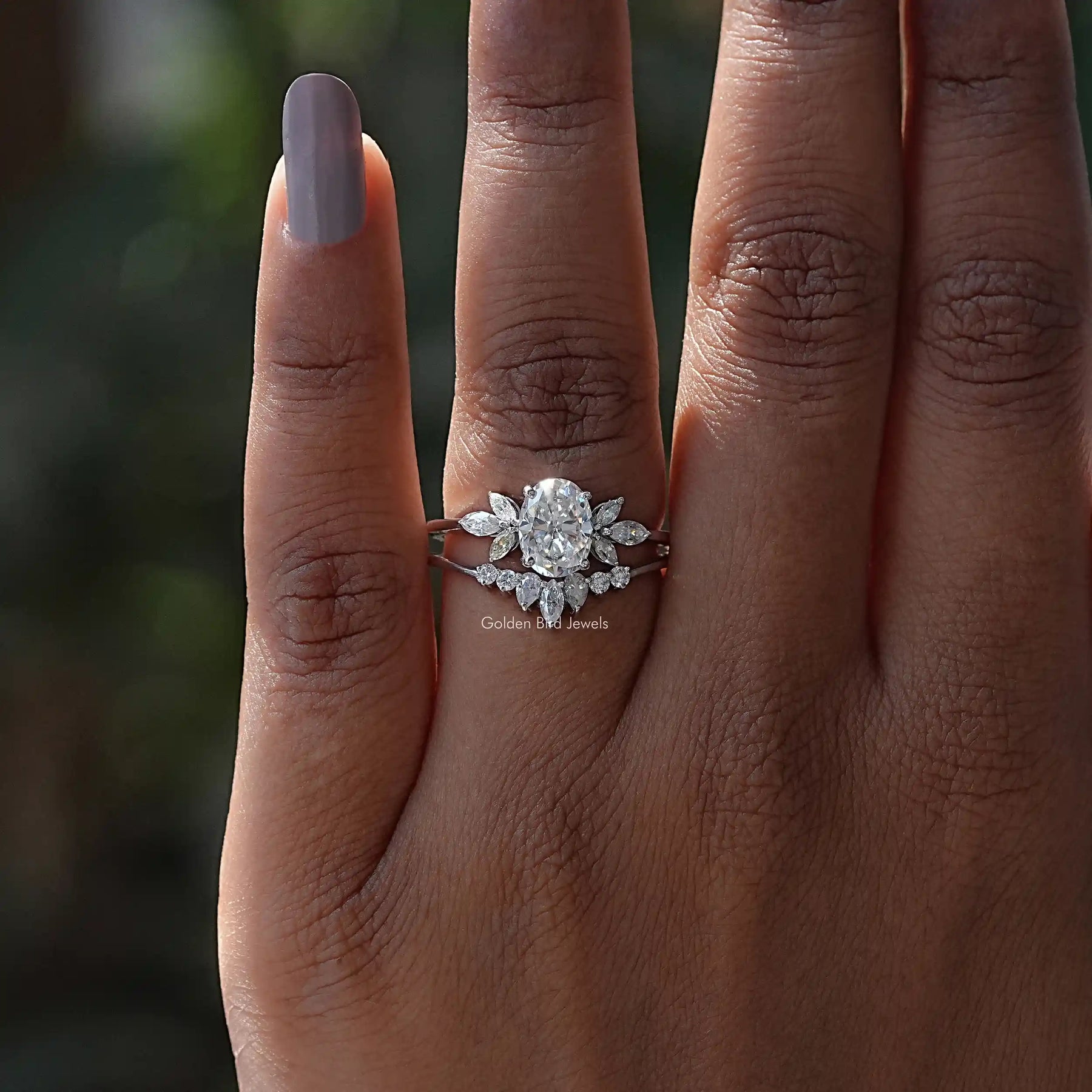 [Moissanite Oval And Pear Cut Cluster Ring]-[Golden Bird Jewels]