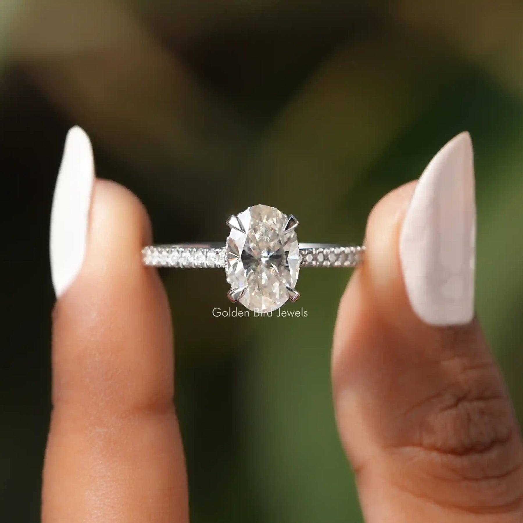 [Moissanite Oval Cut Hidden Halo Accent Stone Ring]-[Golden Bird Jewels]