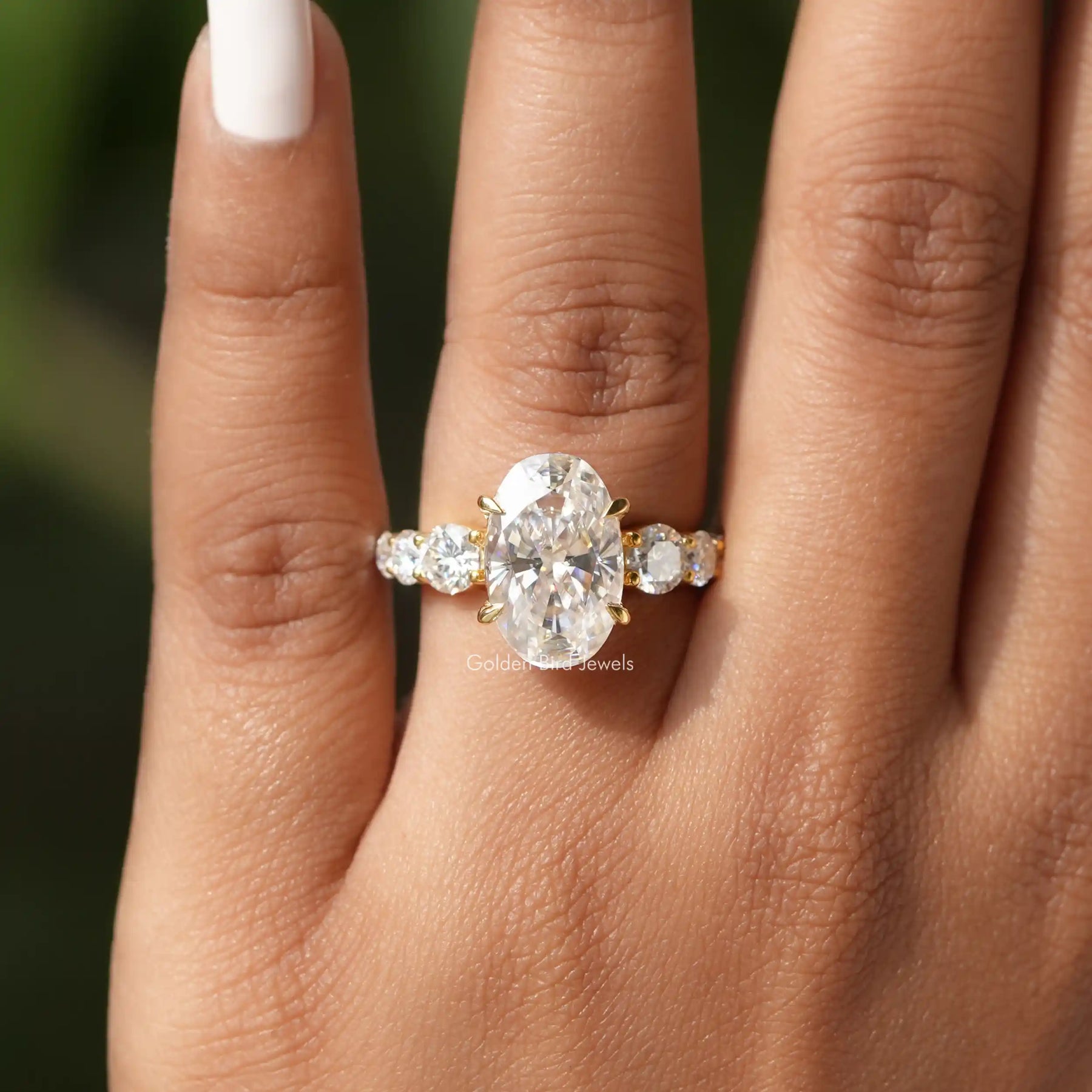 [In finger front view of oval cut ring]-[Golden Bird Jewels]