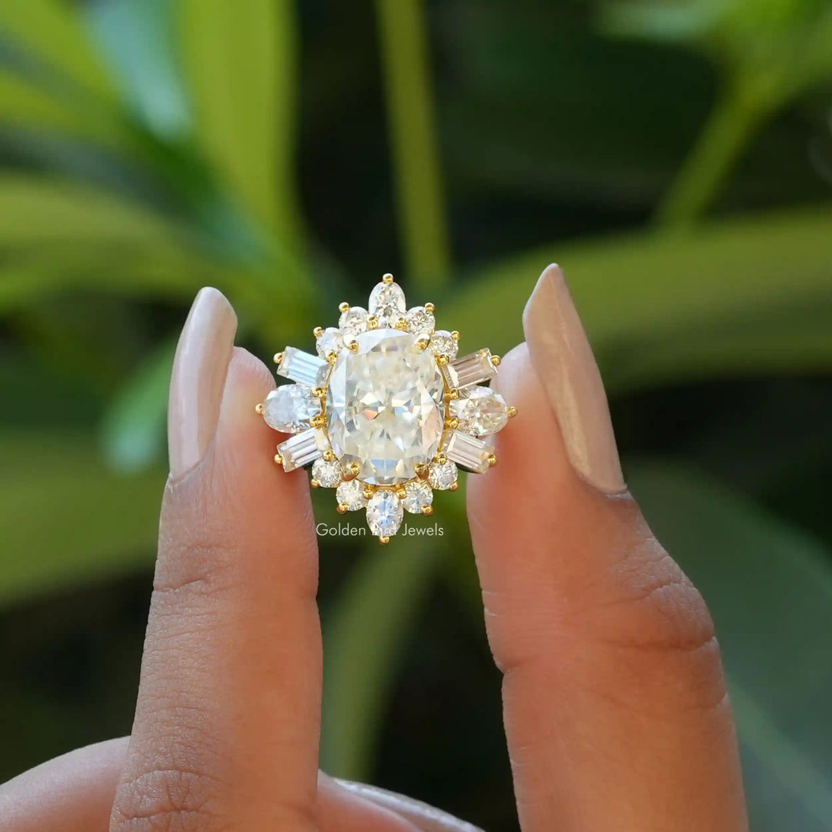 [Oval cut moissanite halo moissanite ring made of baguette  and oval cut side stones]-[Golden Bird Jewels]