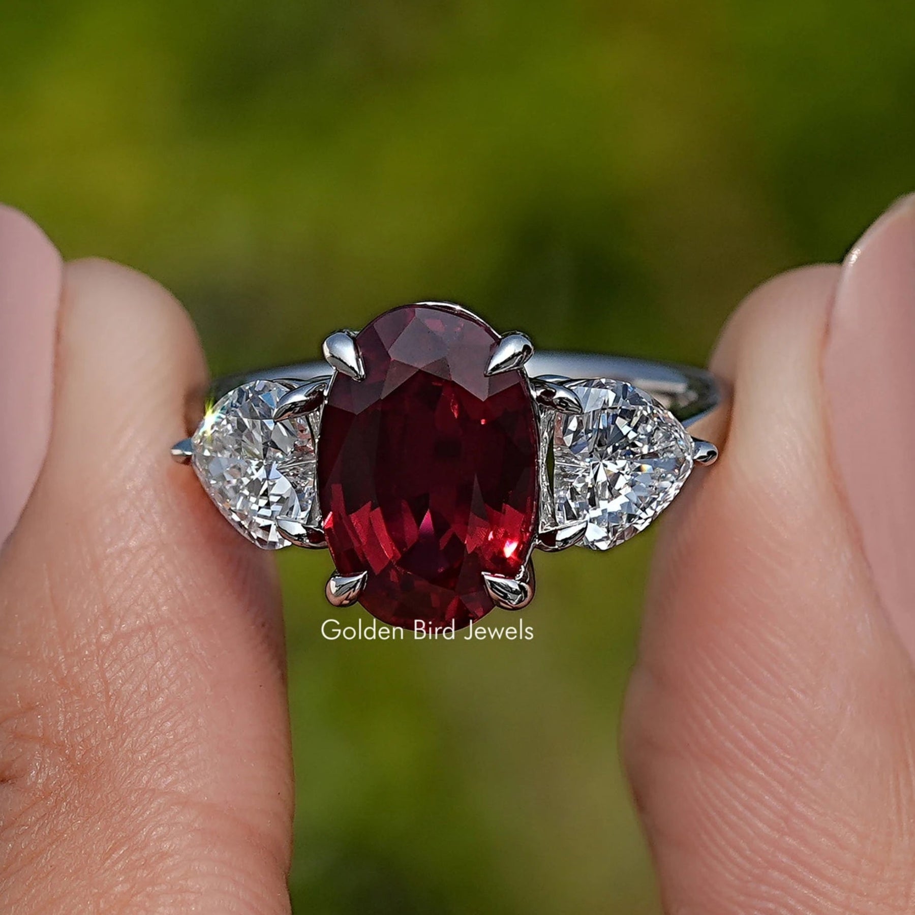 Oval Cut Ruby Gemstone Three Stone Ring