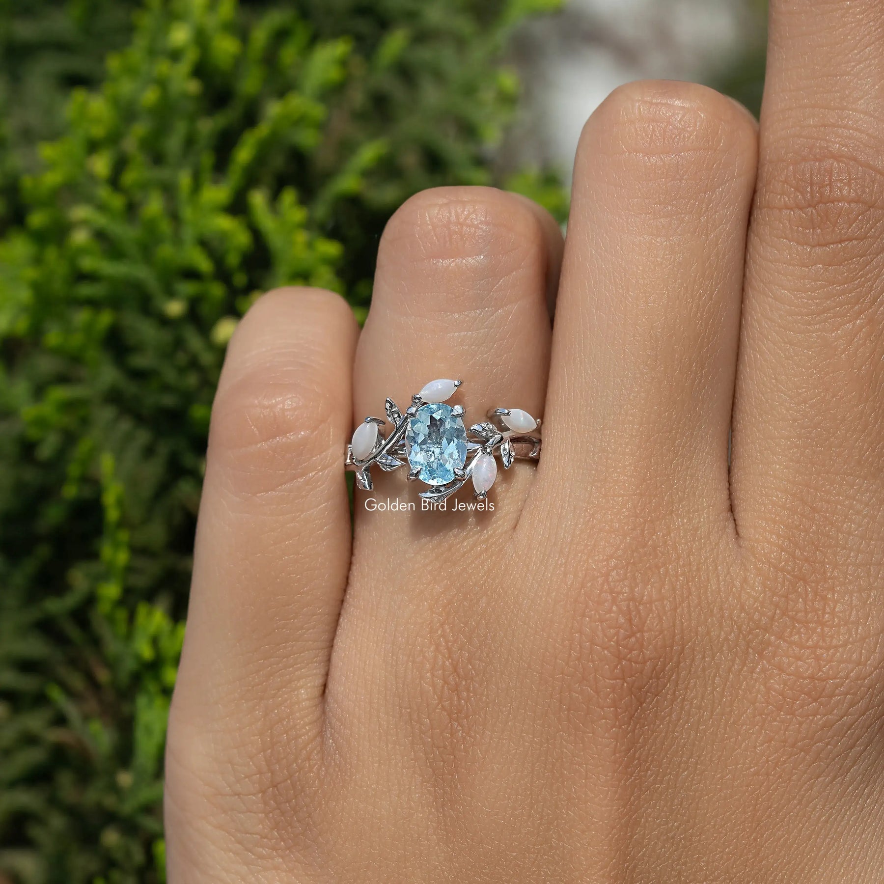 Oval Gemstone Leaf Style Accent Bypass Ring