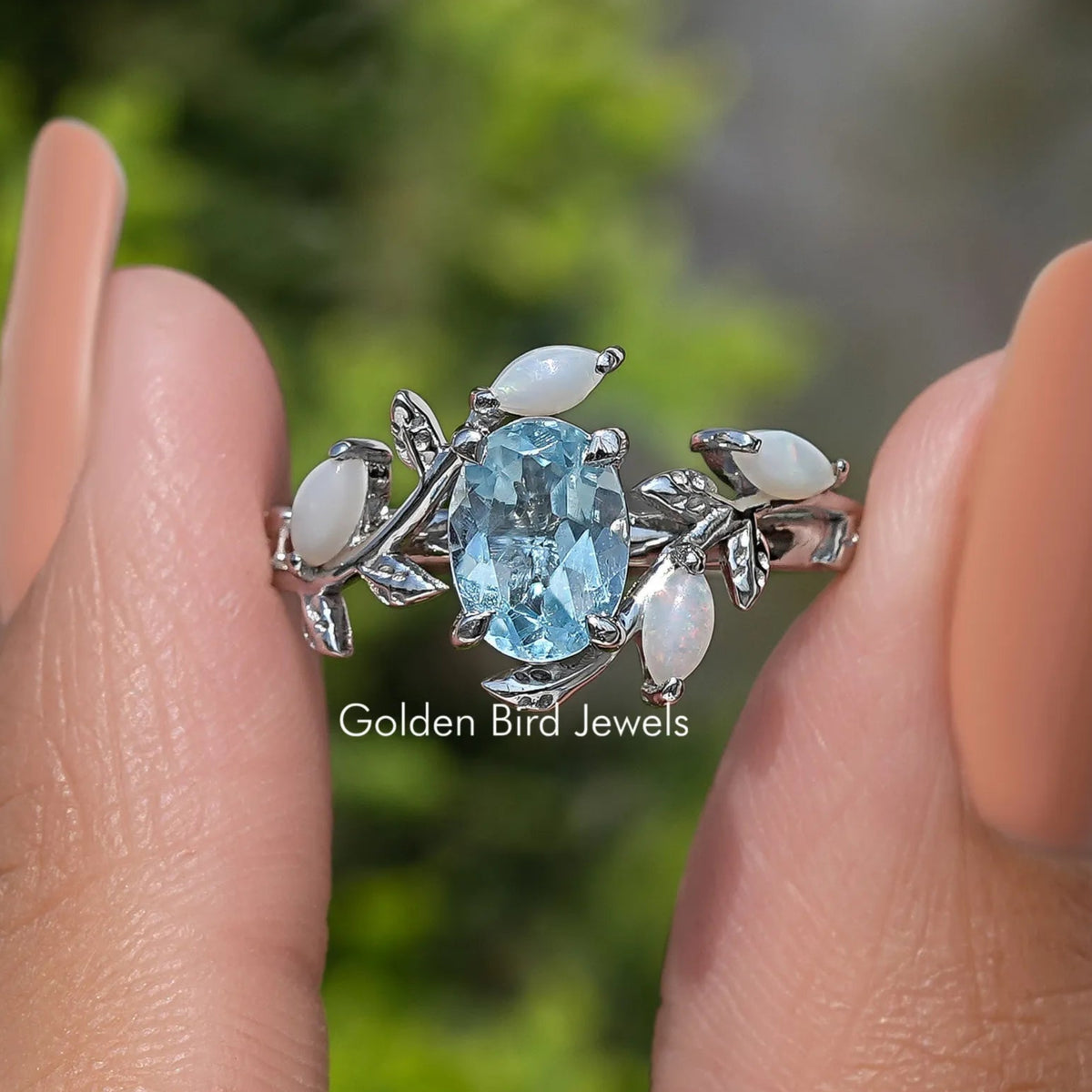 Oval Gemstone Leaf Style Accent Bypass Ring