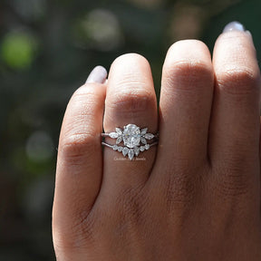 Close-Up View of Oval Cut Moissanite Cluster Ring In White Gold