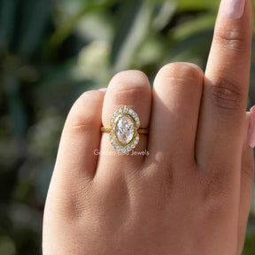 [Oval cut halo ring with round cut side stones]-[Golden Bird Jewels]