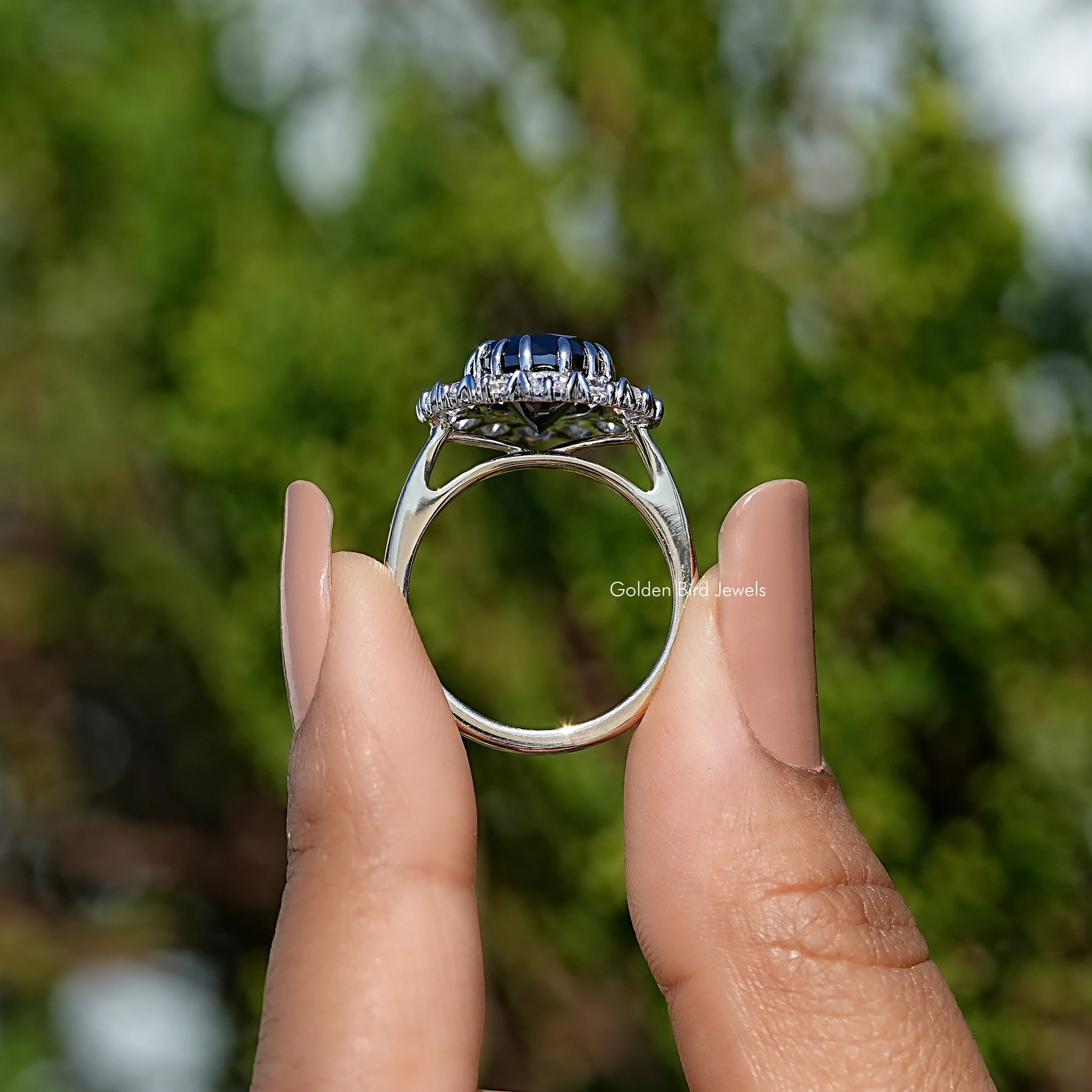 Black Oval Shape Moissanite Halo Engagement Ring