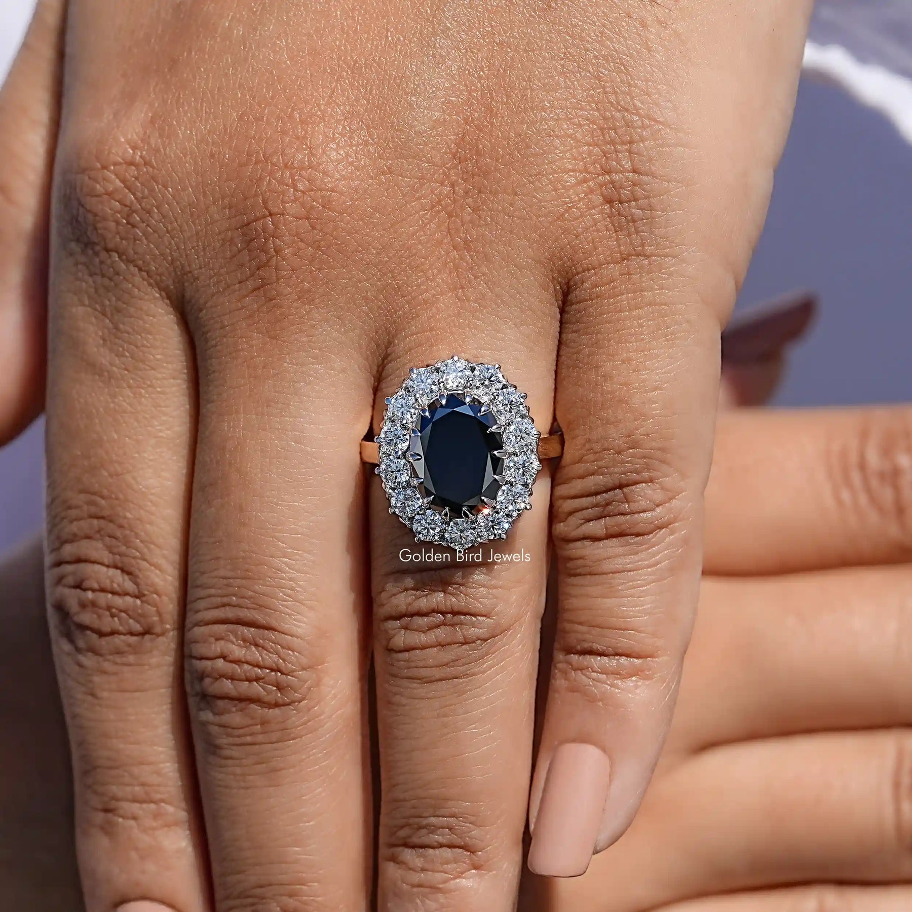 Black Oval Shape Moissanite Halo Engagement Ring