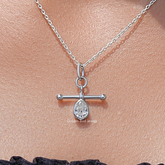 Silver pear-cut bezel pendant necklace with teardrop stone and bar setting