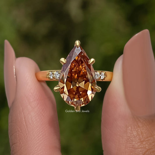 Old Mine Cut Pear Champagne Accent Set Engagement Ring
