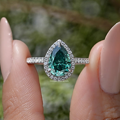 Green Pear Moissanite Gemstone Halo Accent Wedding Ring