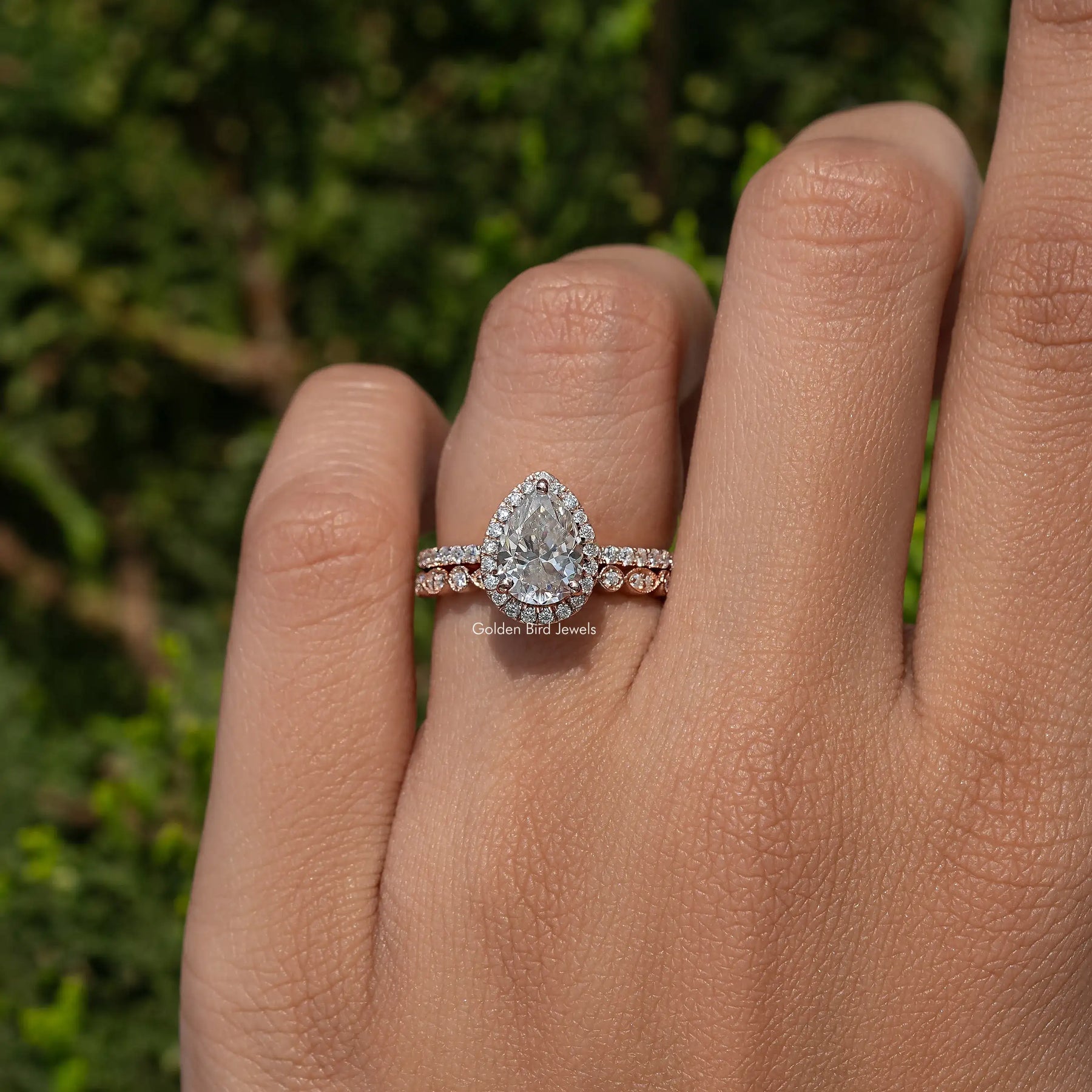 Pear Cut Moissanite Halo Bridal Ring Set