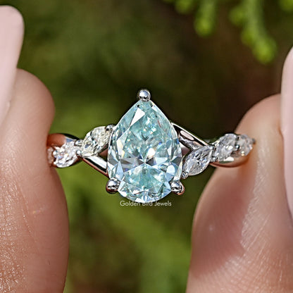 Blue Pear Moissanite Floral Anniversary Ring