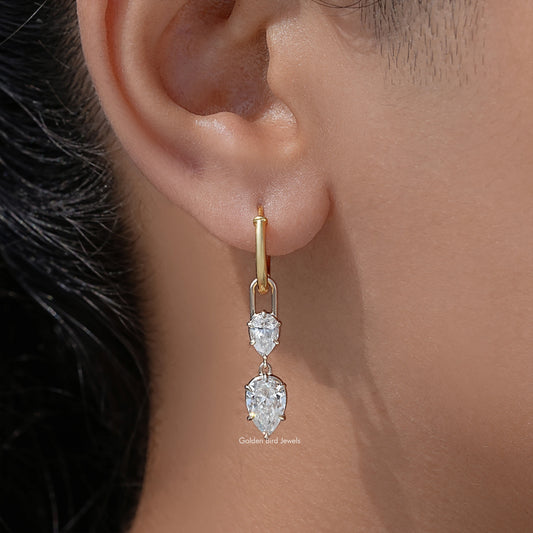 Gold-tone hoop dangle earrings with two pear-cut clear stones