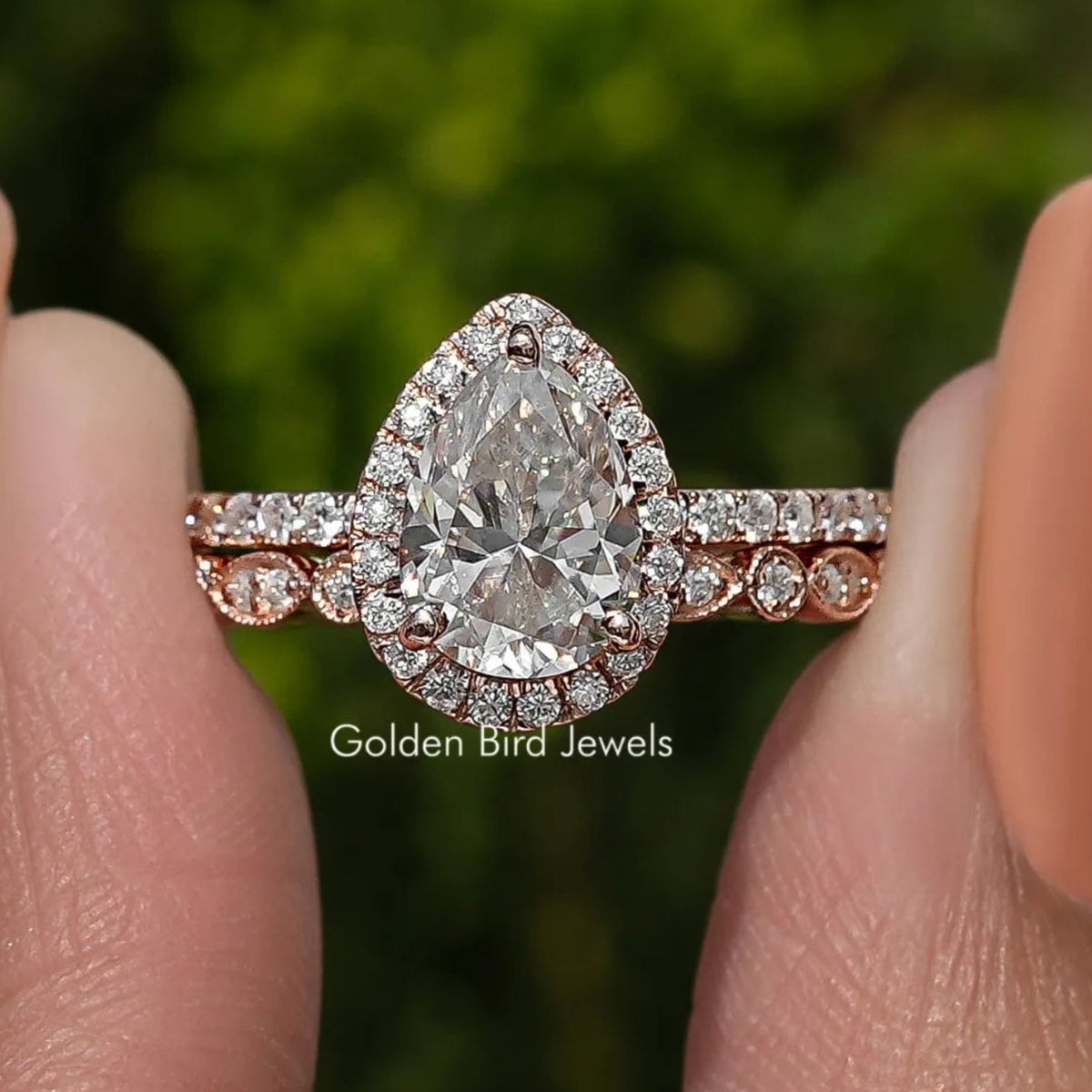 Pear Shaped Moissanite Halo Accent Bridal Set