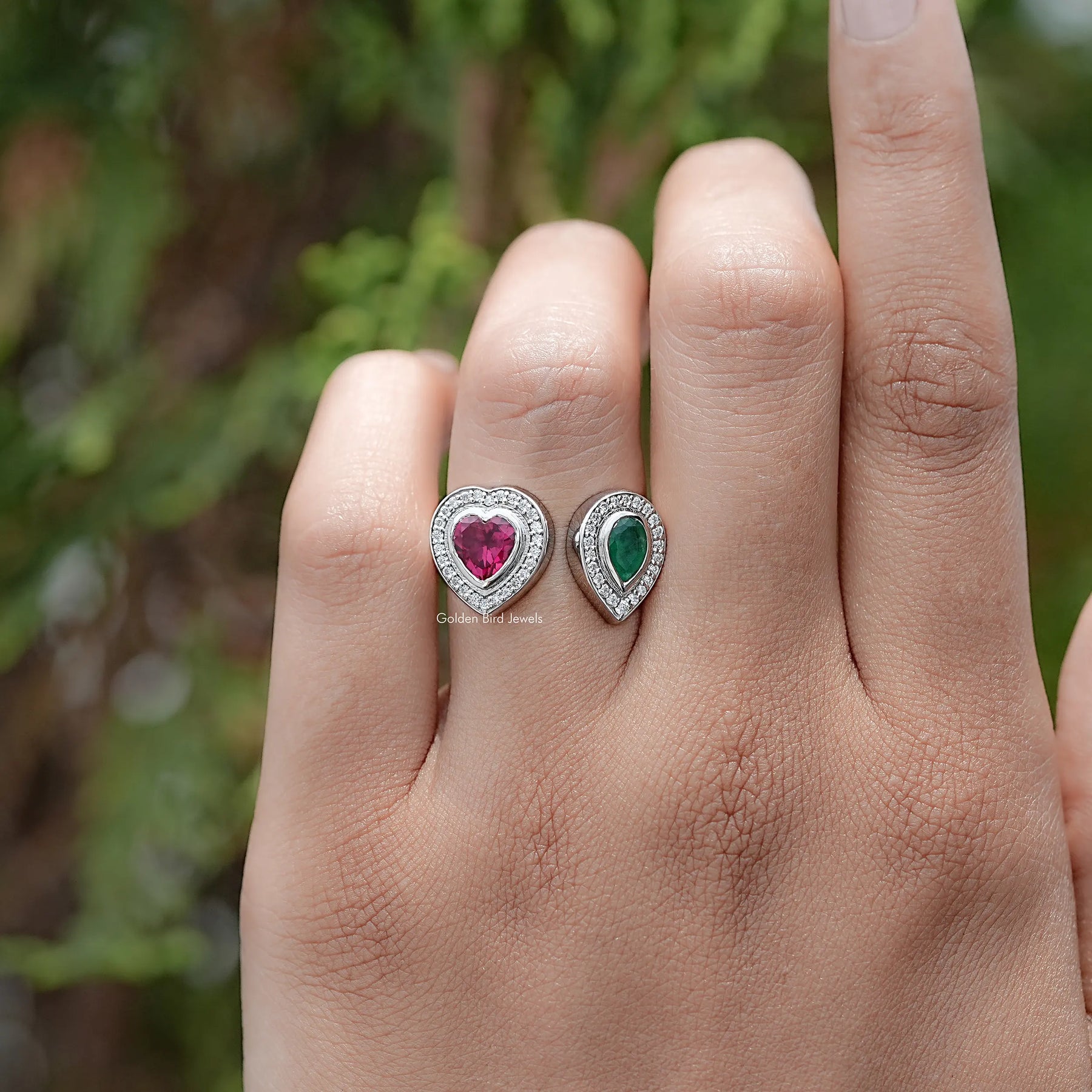 In finger view of Pear And Heart Cut Moissanite Solitaire Ring
