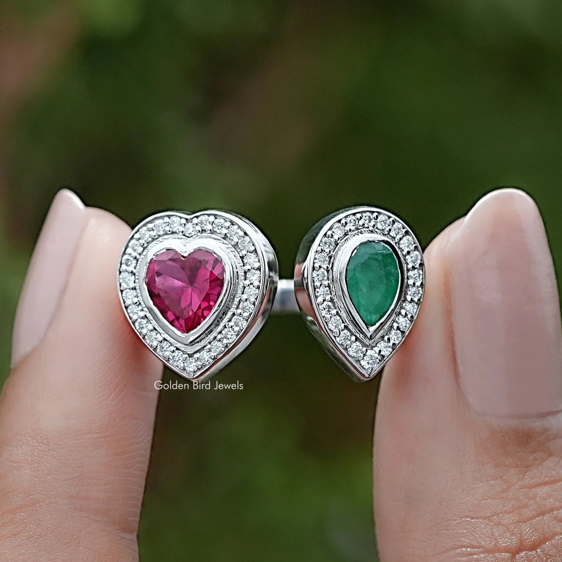 Front view of Pear And Heart Gemstone Two Stone Ring