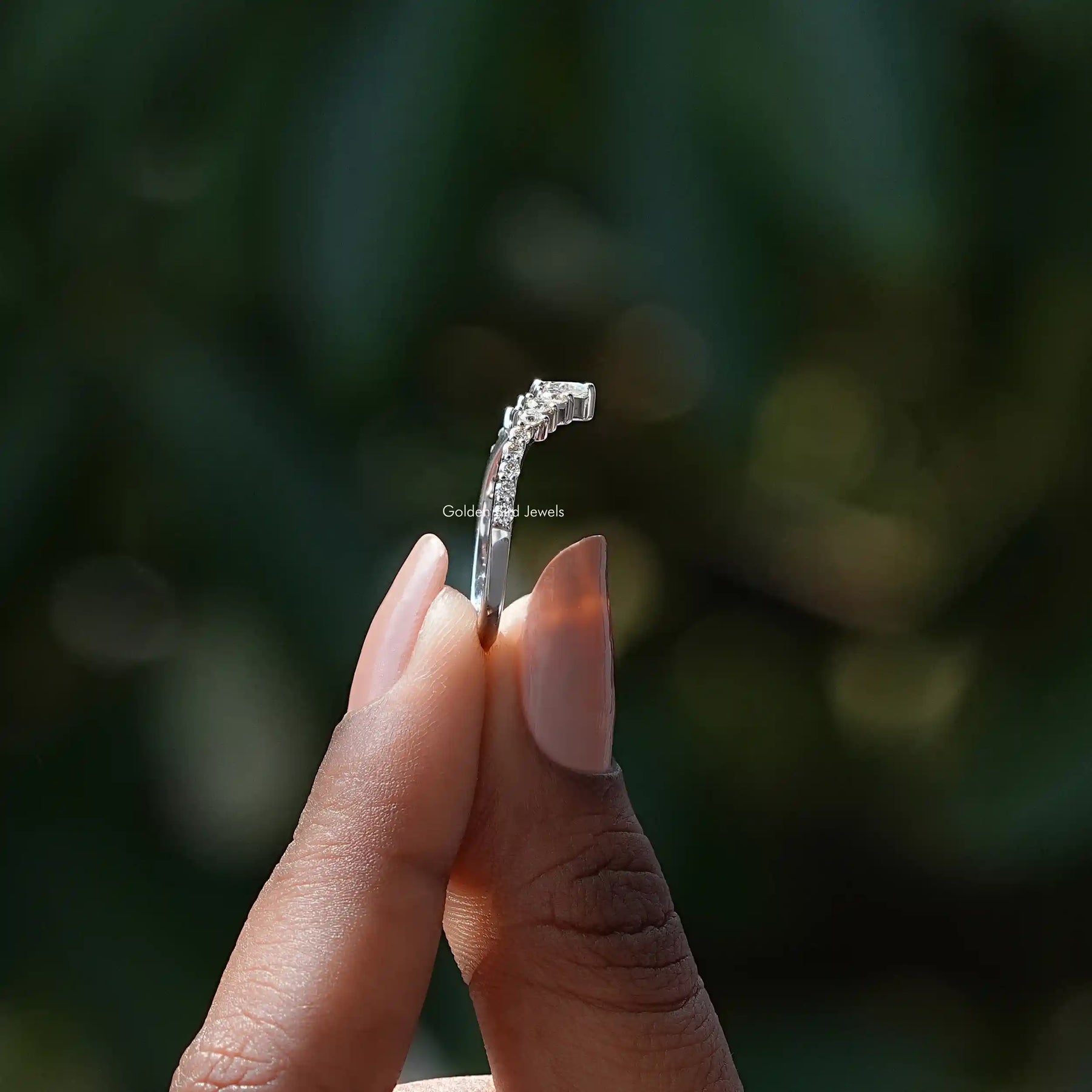 [14K White Gold Pear Cut Moissanite Wedding Band]-[Golden Bird Jewels]