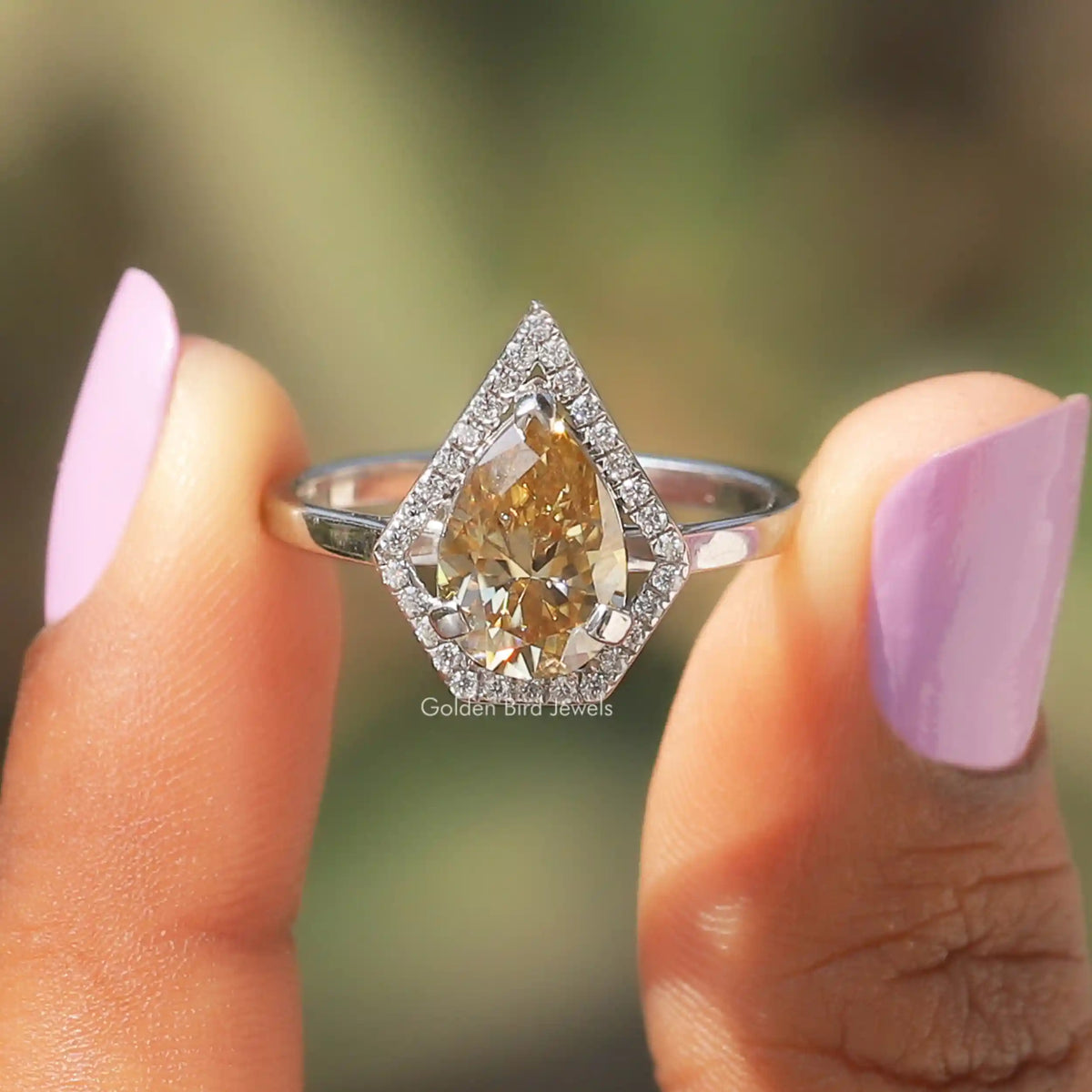 [Yellow Pear Shaped Moissanite Halo Ring]-[Golden Bird Jewels]