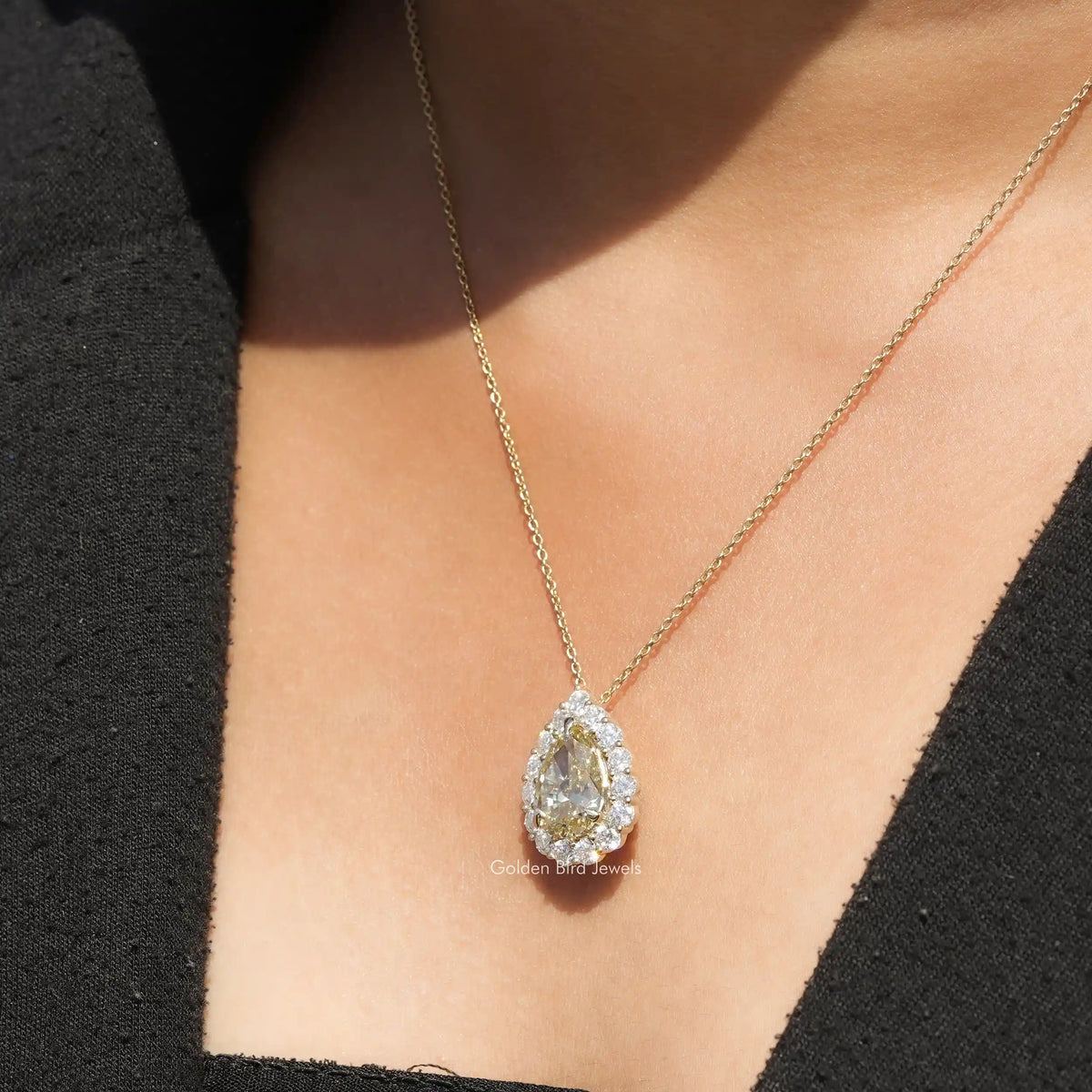 [Moissanite Pear and Round Cut Halo Pendant]-[Golden Bird Jewels]