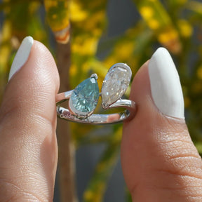 Front view of 2 pear Moissanite engagement ring