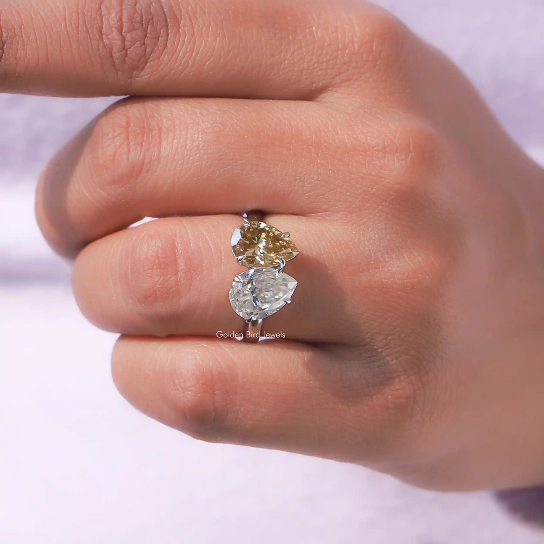 [White Gold Pear Cut Toi et Moi Moissanite Ring]-[Golden Bird Jewels]