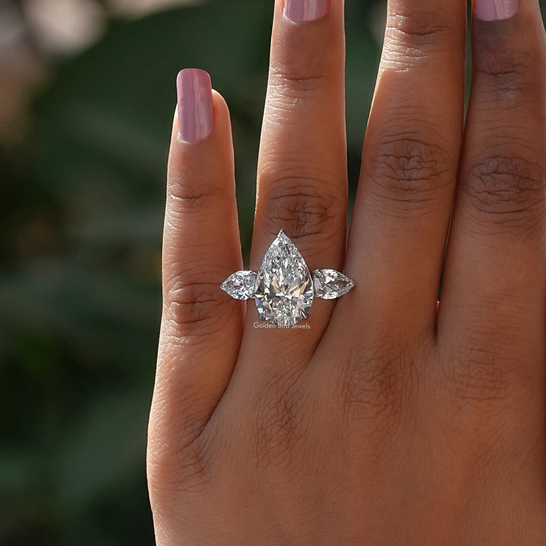 [3 Stone Pear Cut Engagement Ring]-[Golden Bird Jewels]