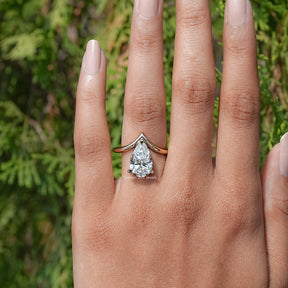 Pear Cut Lab Diamond V Shaped Curved Solitaire Ring
