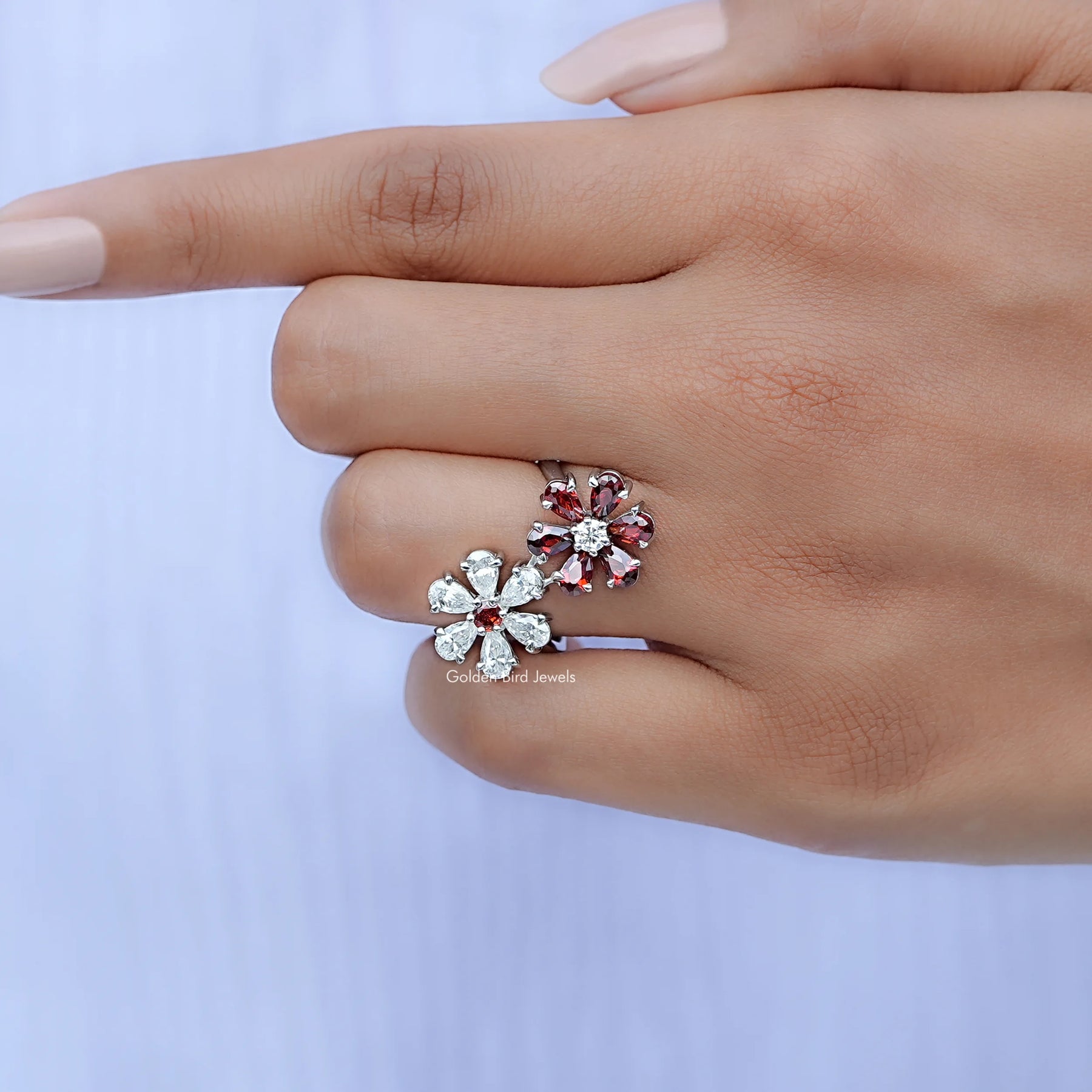 Pear Gemstone Flower Shape Cluster Bypass Ring