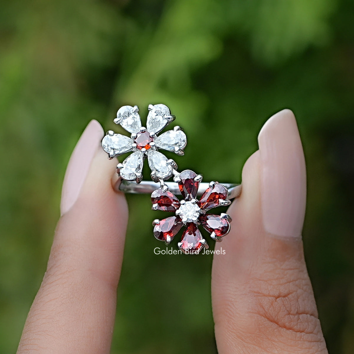 Pear Gemstone Flower Shape Cluster Bypass Ring