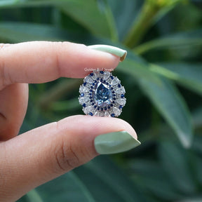 [Blue Pear Cut Moissanite Halo Pendant]-[Golden Bird Jewels]