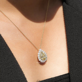 [Yellow Pear Moissanite Halo Pendant In White Gold]-[Golden Bird Jewels]