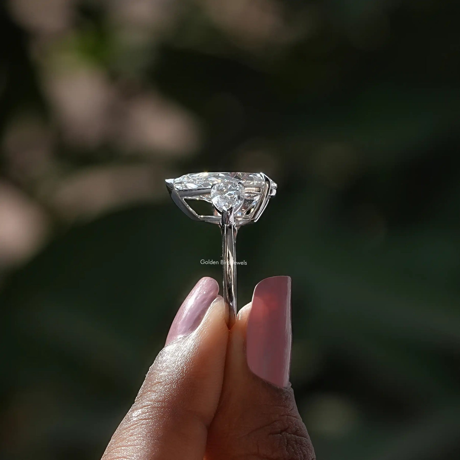 [White Gold Pear Shaped Three Stone Ring]-[Golden Bird Jewels]