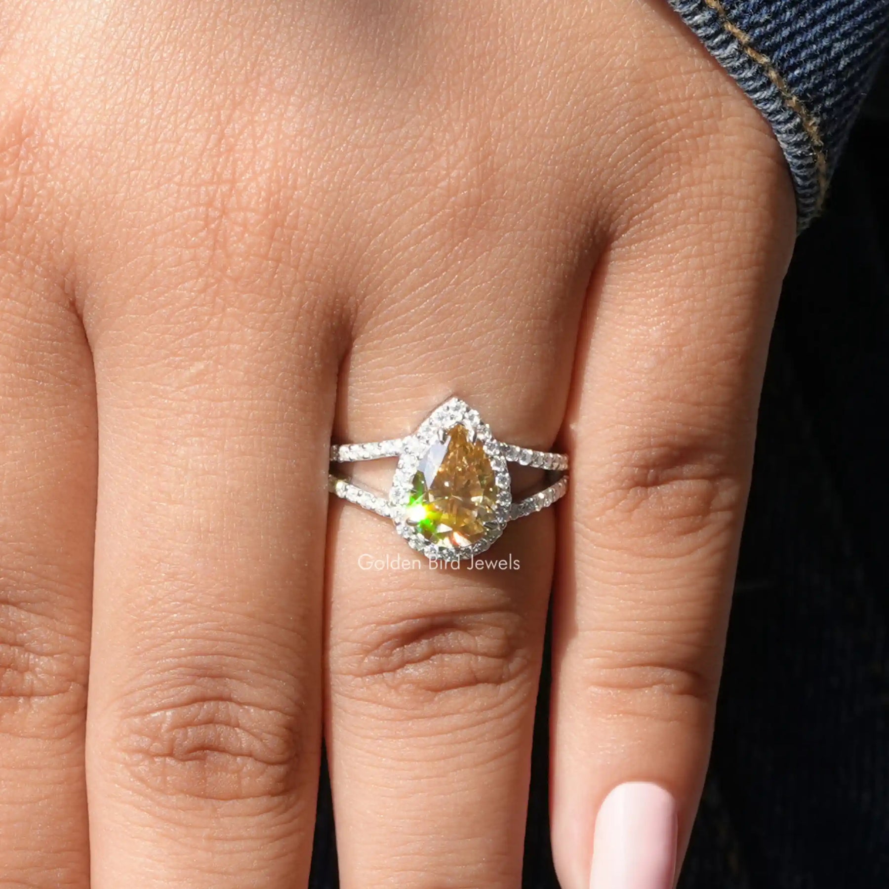 [Pear shaped moissanite ring by]-[Golden Bird Jewels]