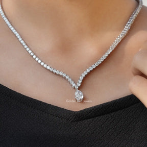 [This pear cut tennis necklace made of round cut side stones]-[Golden Bird Jewels]