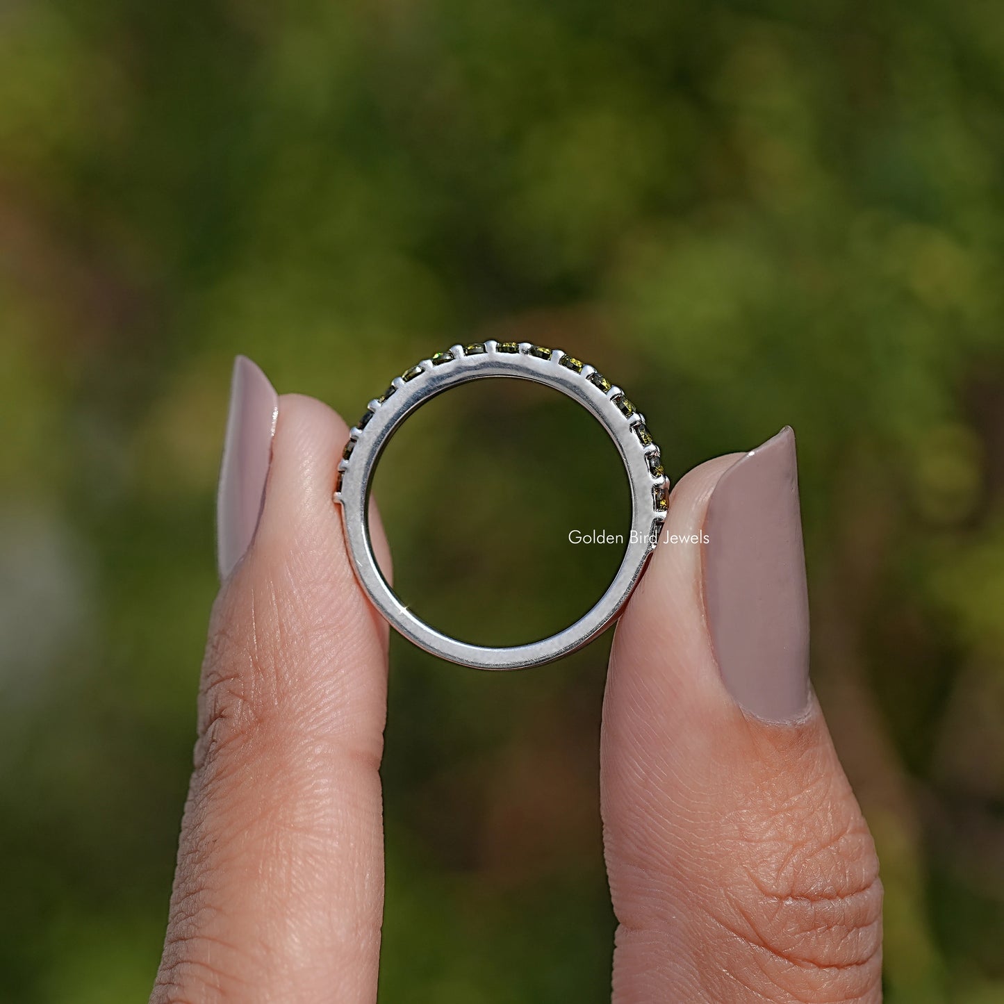 August Birthstone Peridot Green Round Eternity Band
