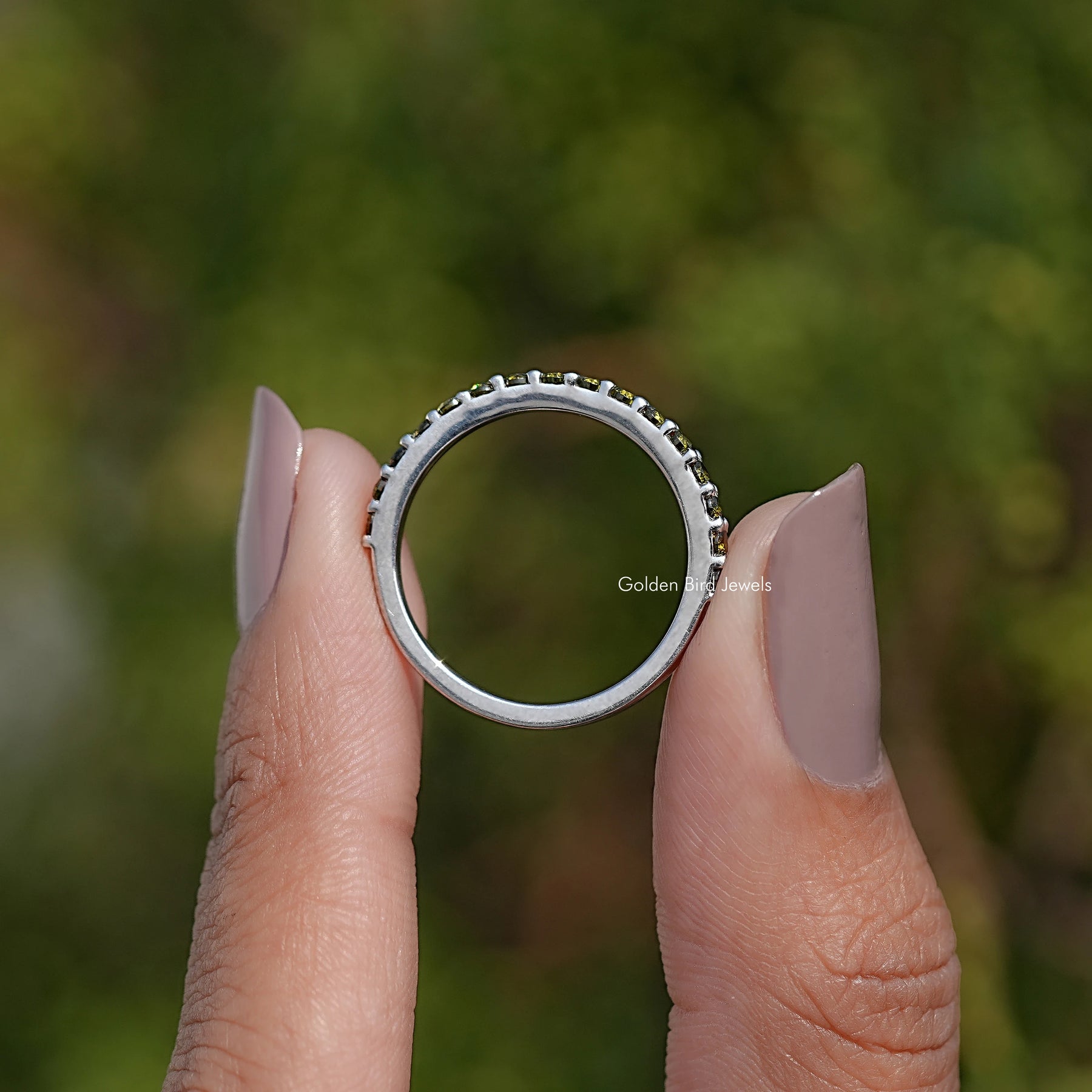 August Birthstone Peridot Green Round Eternity Band