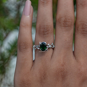 [Green Oval Cut Gemstone Engagement Ring]-[Golden Bird Jewels]