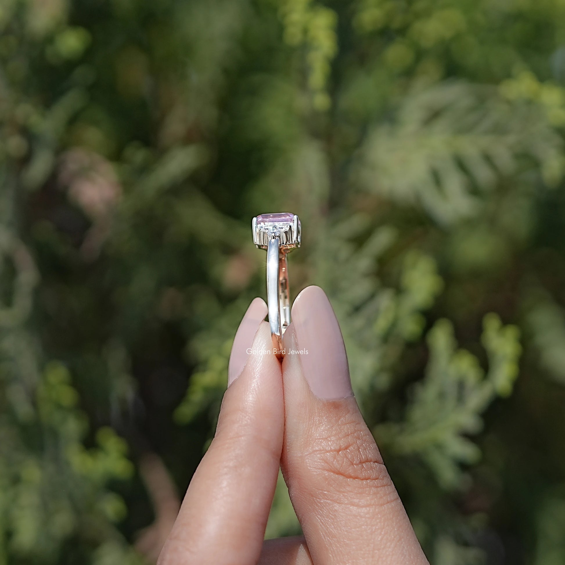 Side View of Pink Emerald Cut Moissanite Solitaire Ring