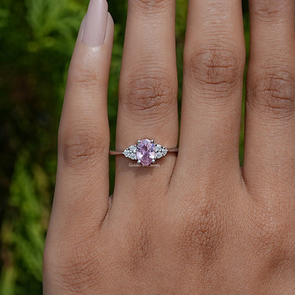 In Finger front view  of Pink Tourmaline Oval Cut Gemstone Ring In White Gold