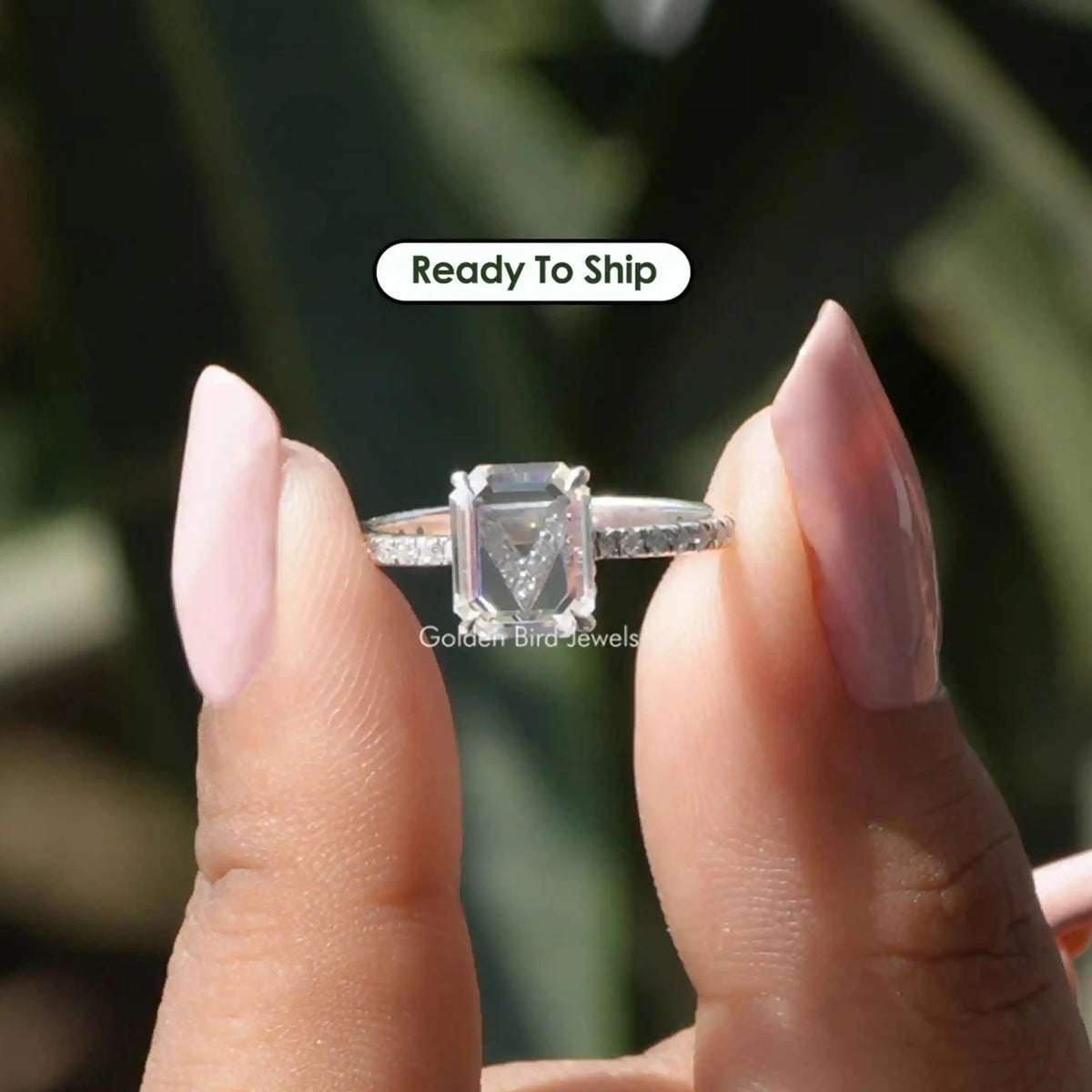 [Portrait Cut Emerald Moissanite Engagement Ring]-[Golden Bird Jewels]