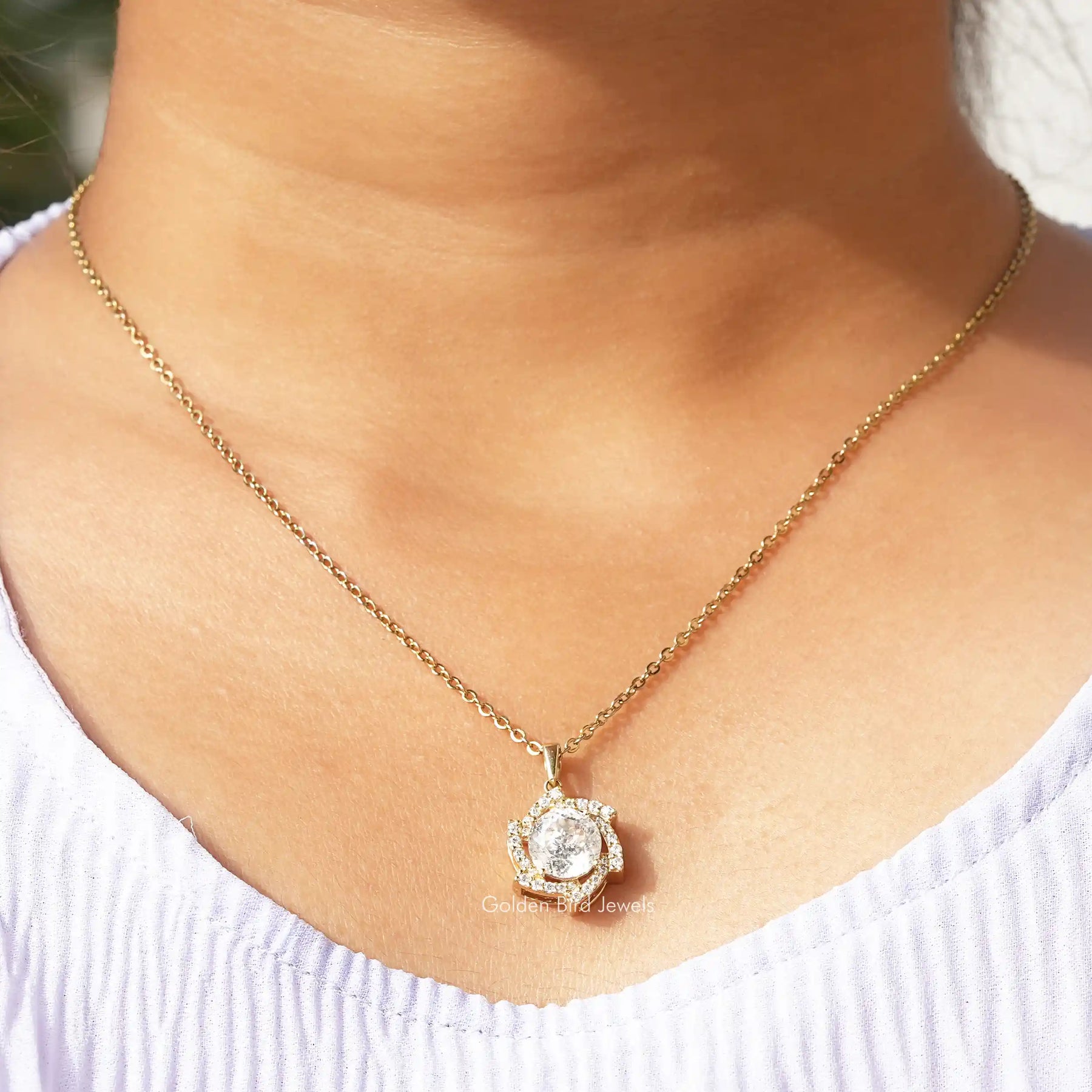 [In neck front view of portuguese cut moissanite pendant in 14k yellow gold]-[Golden Bird Jewels]