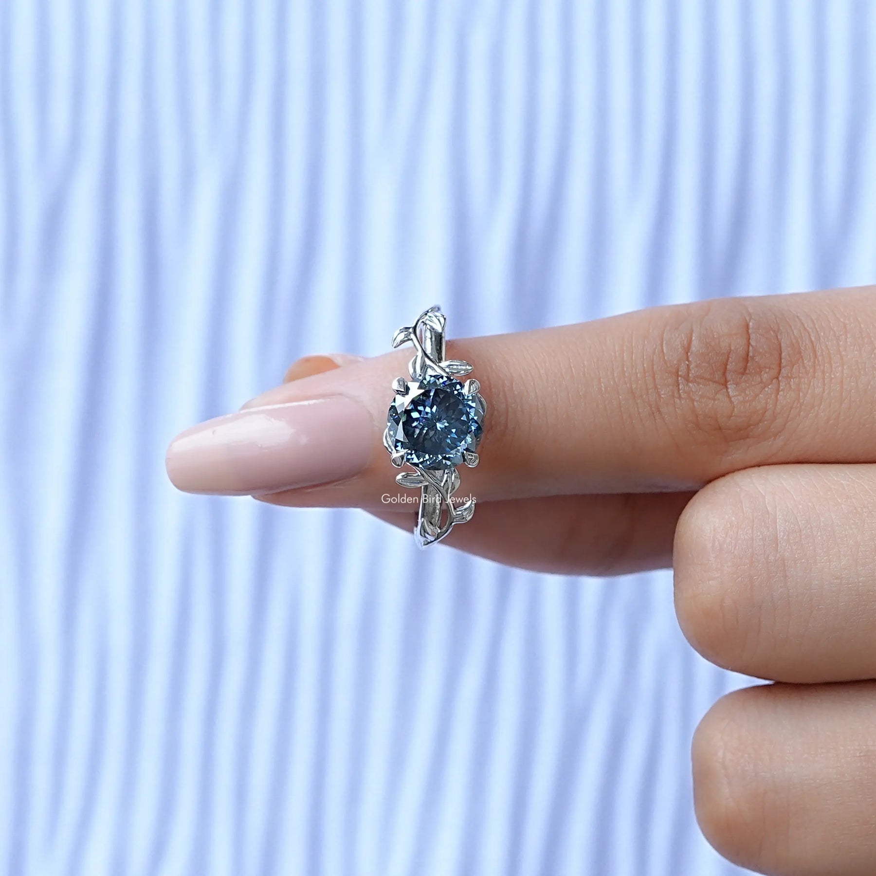 [Blue Portuguese Cut Moissanite White Gold Ring]-[Golden Bird Jewels]