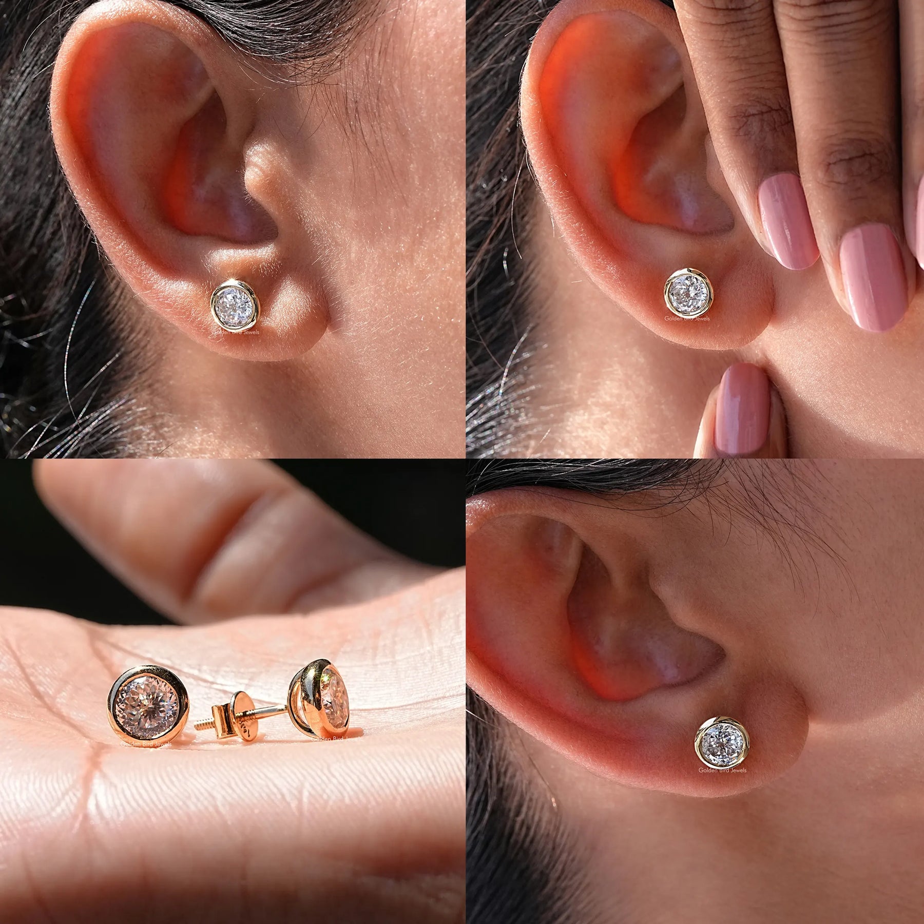 [Colorless Portuguese Cut Round Studs Earrings]-[Golden Bird Jewels]