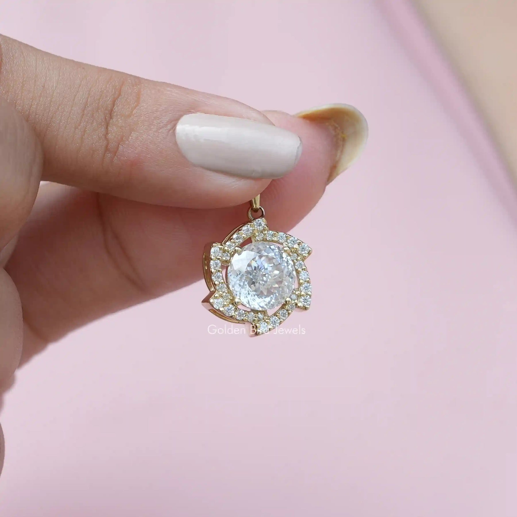 Full view of moissanite pendant in unique shape 