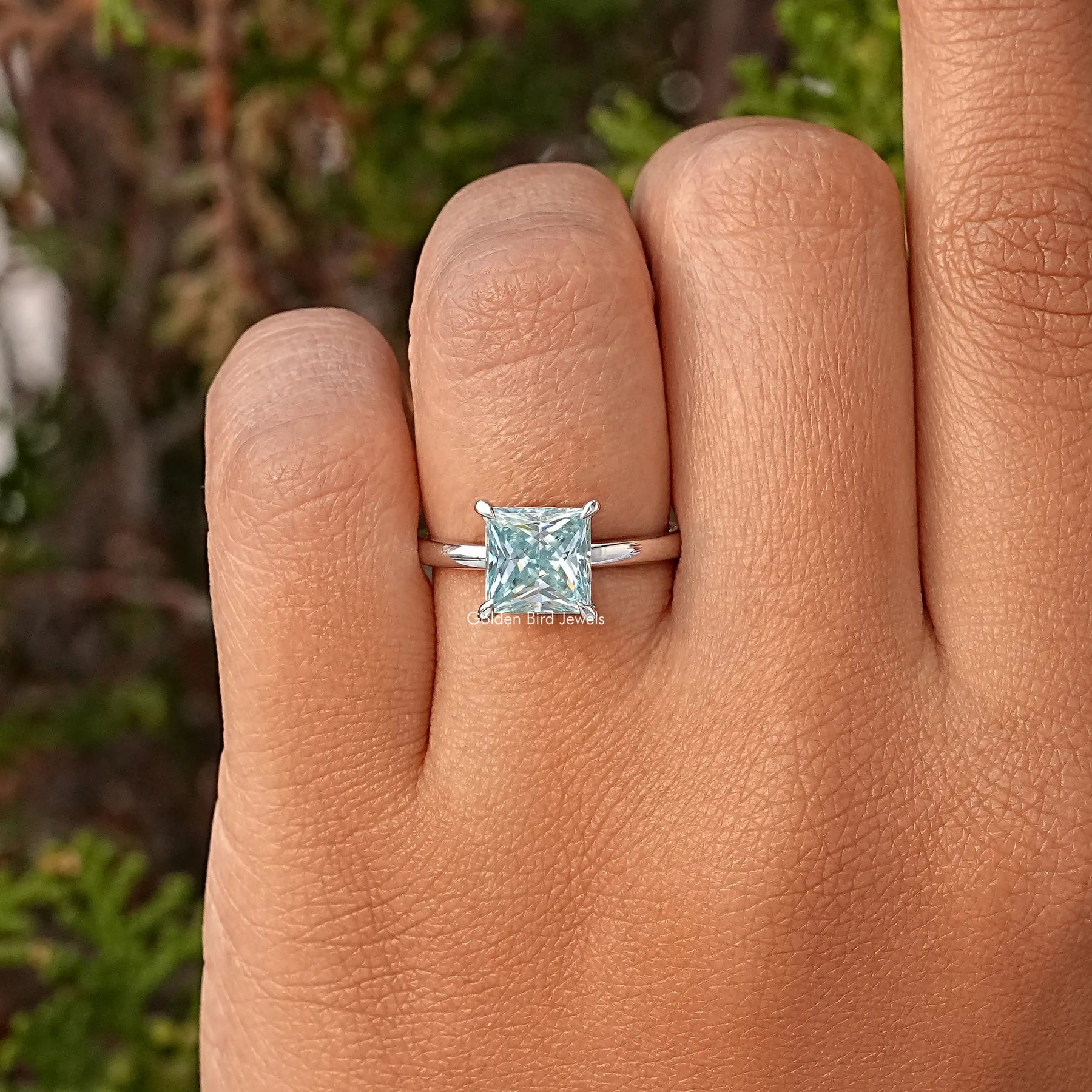 Cyan Blue Princess Cut Moissanite Solitaire Ring