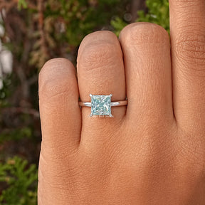 Cyan Blue Princess Cut Moissanite Solitaire Ring