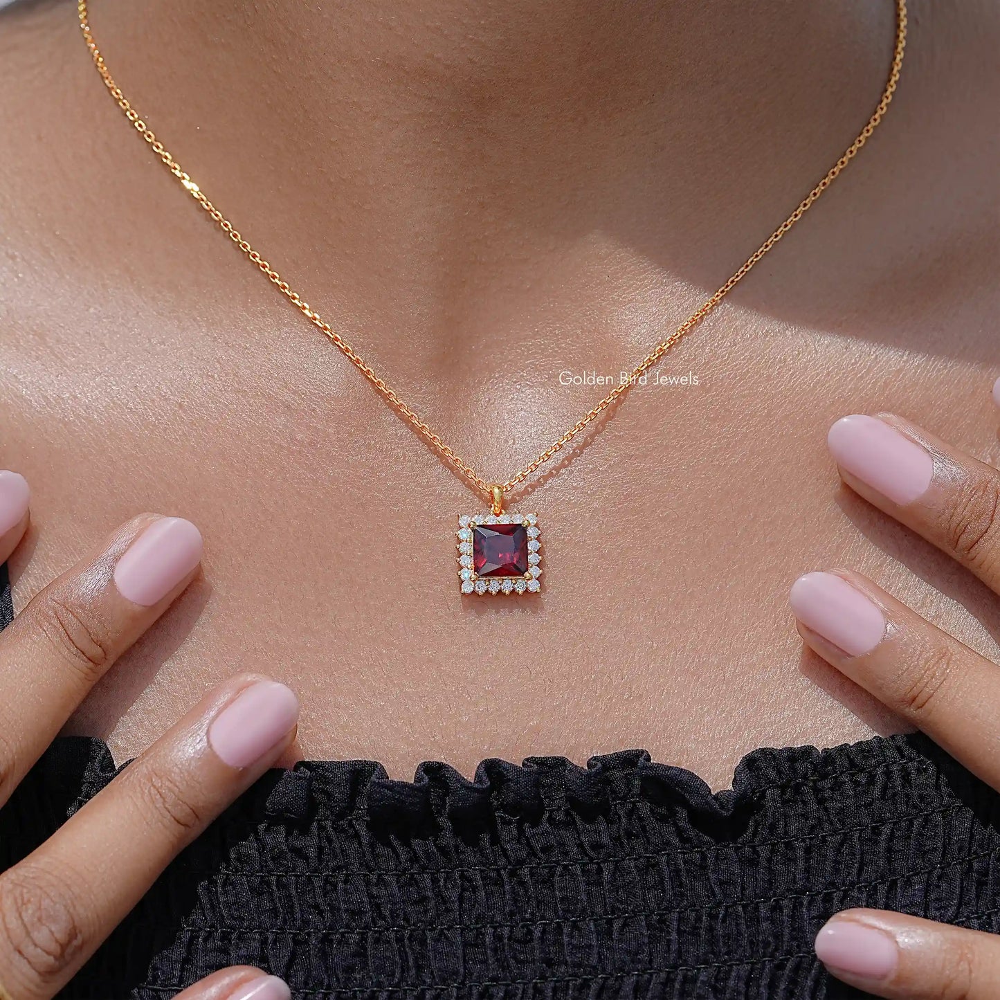 Red Ruby Princess Cut Moissanite Gemstone Halo Pendant