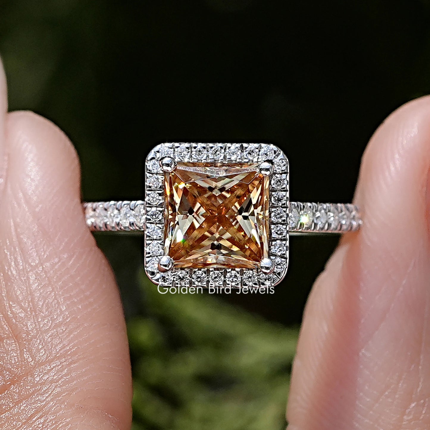 Princess Cut Moissanite Gemstone Halo Accent Wedding Ring