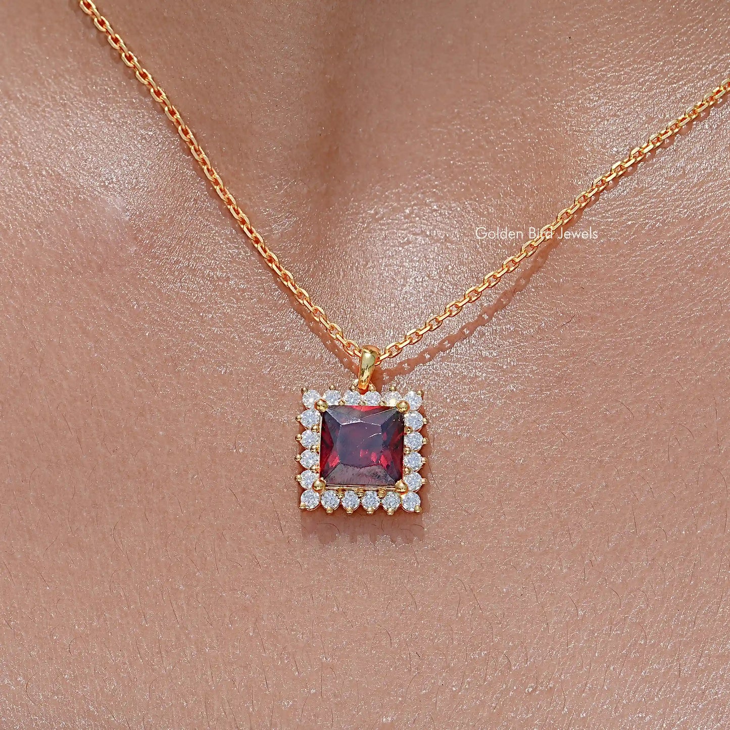 Red Ruby Princess Cut Moissanite Gemstone Halo Pendant